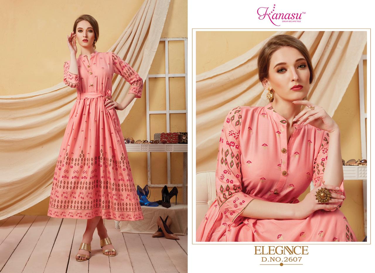 KANSU LAUNCH ELEGANCE RAYON GOLD PRINT LONG KURTI WHOLESALE RATE IN SURAT TEXTILE MARKET