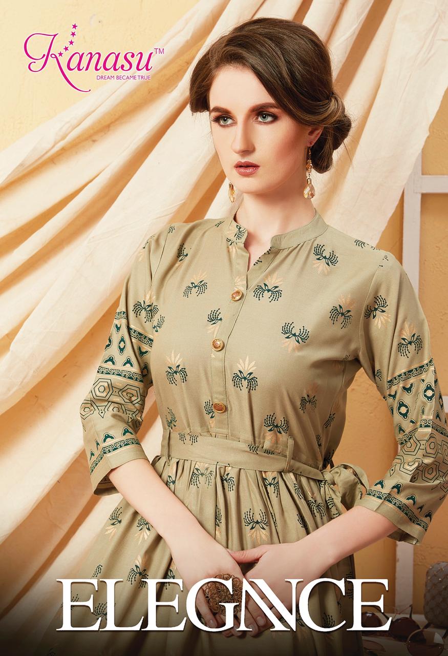 KANSU LAUNCH ELEGANCE RAYON GOLD PRINT LONG KURTI WHOLESALE RATE IN SURAT TEXTILE MARKET
