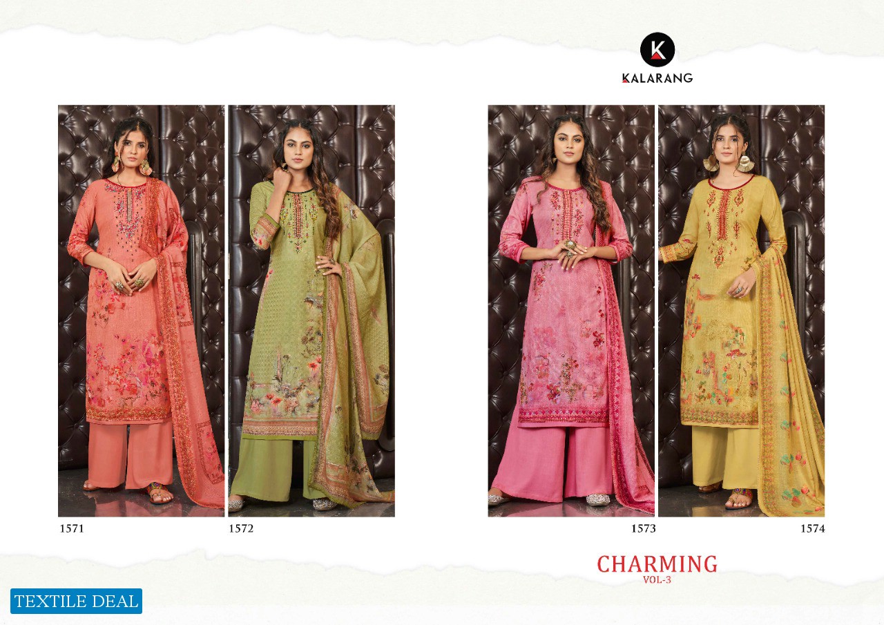 Kalarang Charming Vol-3 Wholesale Digital Muslin Print Embroidery Work Dress Material