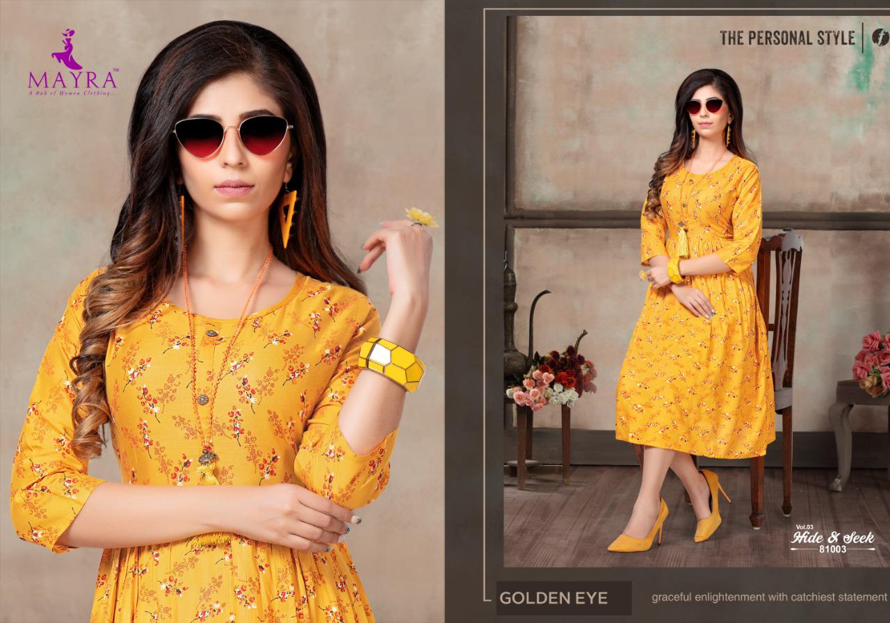MAYRA HIDE AND SEEK VOL 3 RAYON PRINT CASUAL WEAR KURTI AT LOWEST RATE