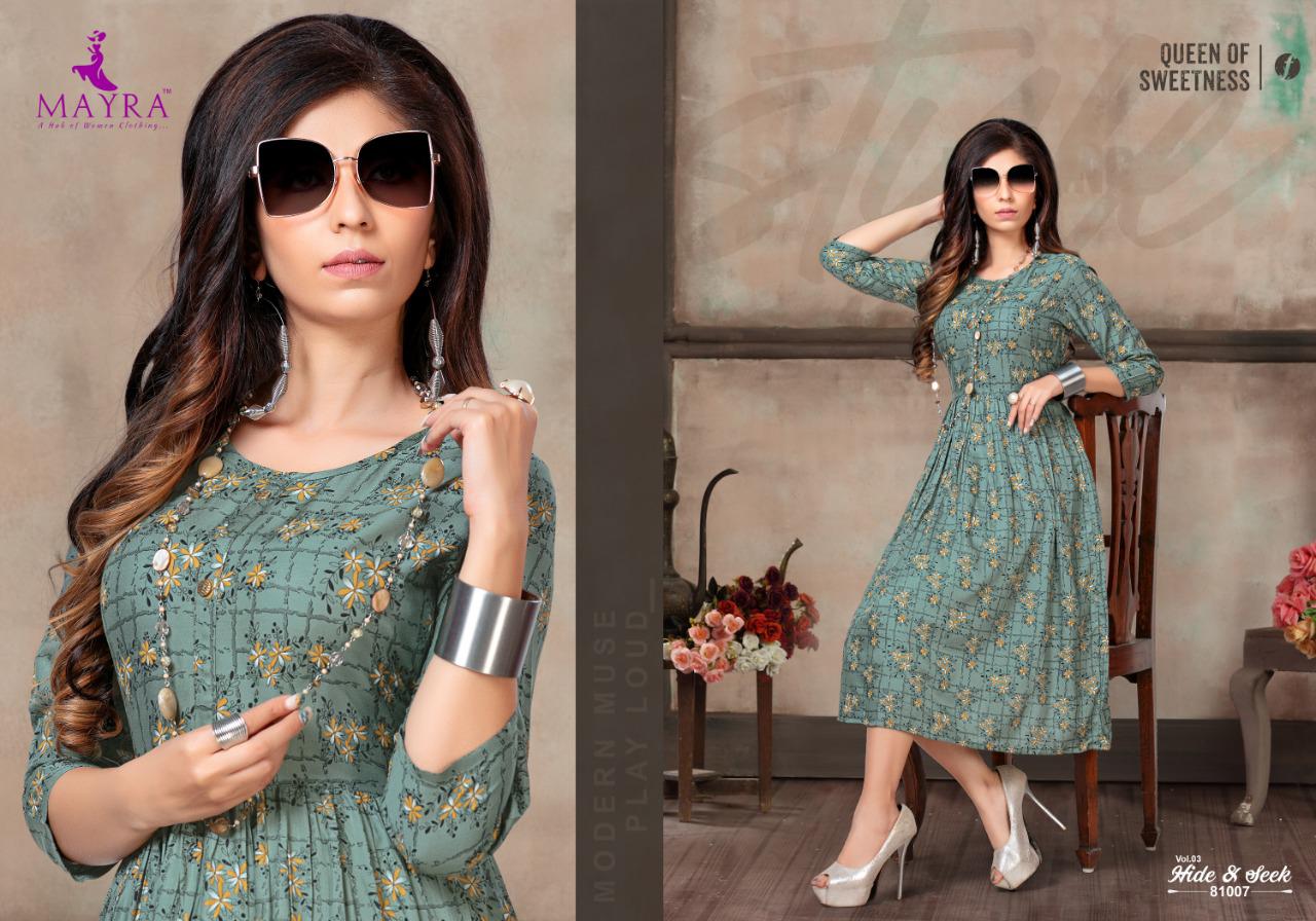 MAYRA HIDE AND SEEK VOL 3 RAYON PRINT CASUAL WEAR KURTI AT LOWEST RATE