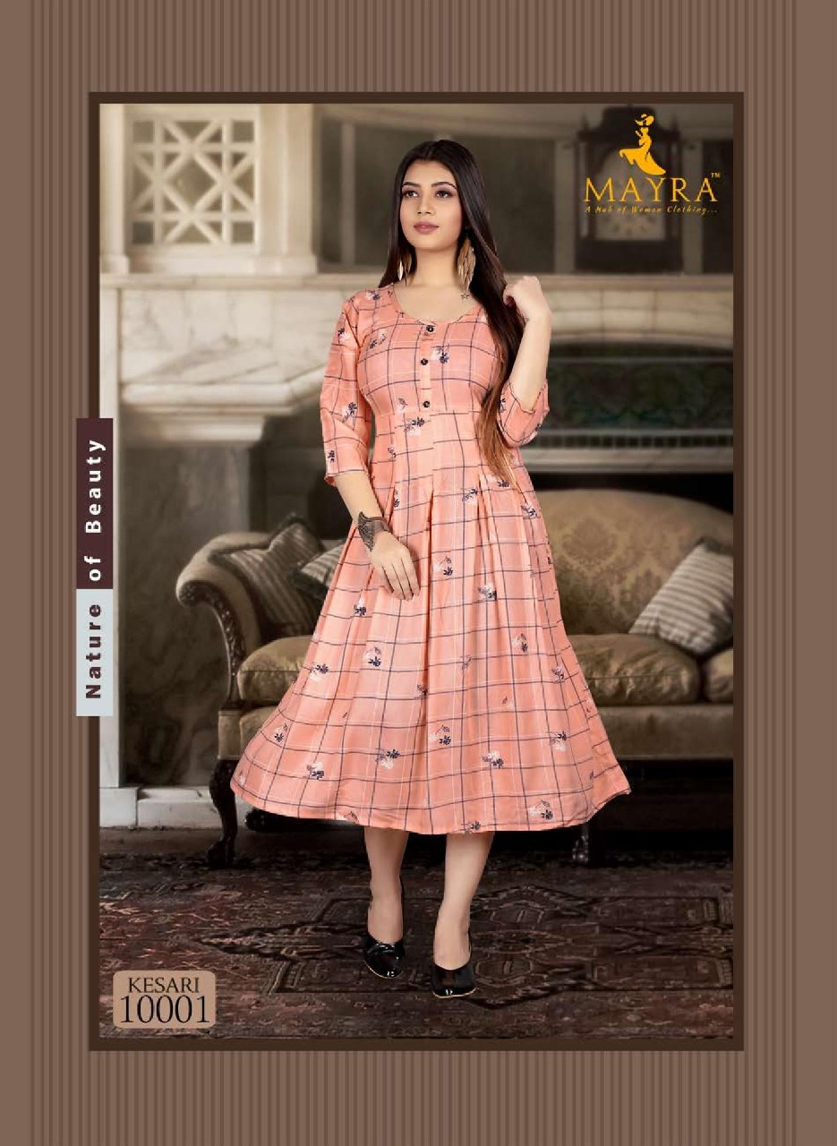 MAYRA KESARI RAYON ANARKALI STYLE KURTI BEST PRICE SURAT INDIAN KURTI