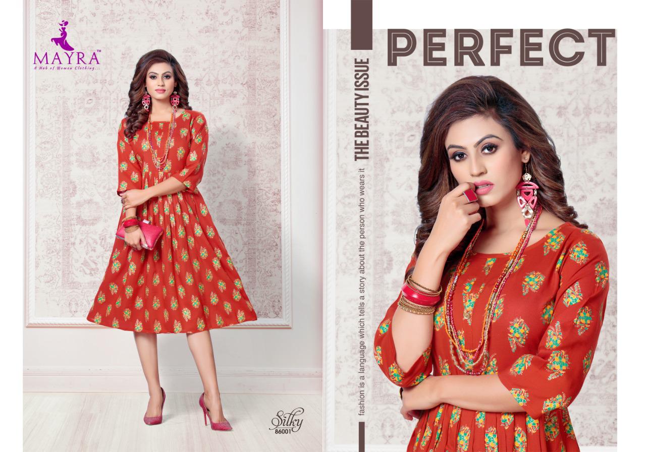 MAYRA SILKY RAYON SLUB GOLDEN PRINT CASUAL WEAR KURTI AT WHOLESALE RATE