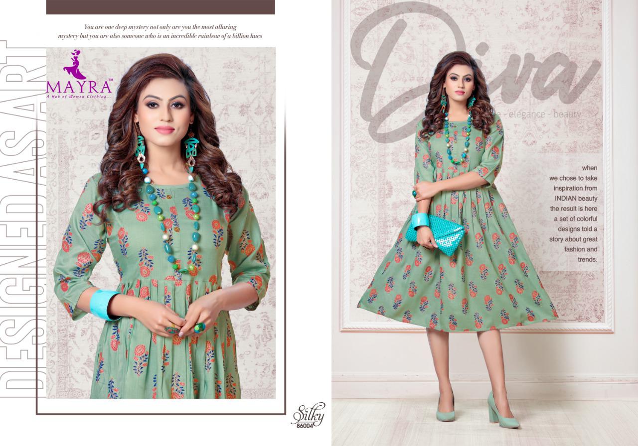 MAYRA SILKY RAYON SLUB GOLDEN PRINT CASUAL WEAR KURTI AT WHOLESALE RATE