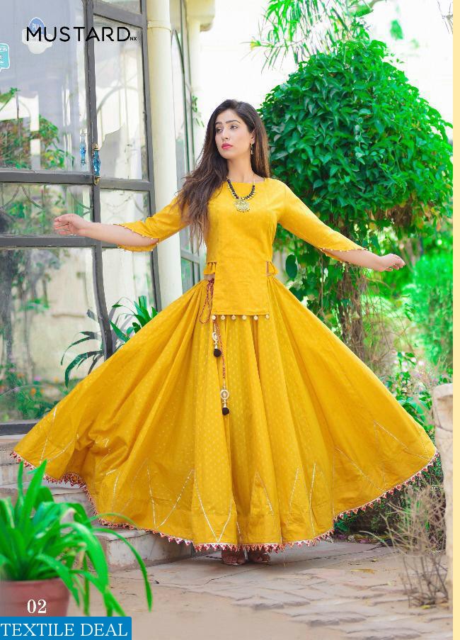 MUSTARD MEENAKARI PURE COTTON JACQUARED CROP TOP WITH SKIRT AND SHARARA DEALER