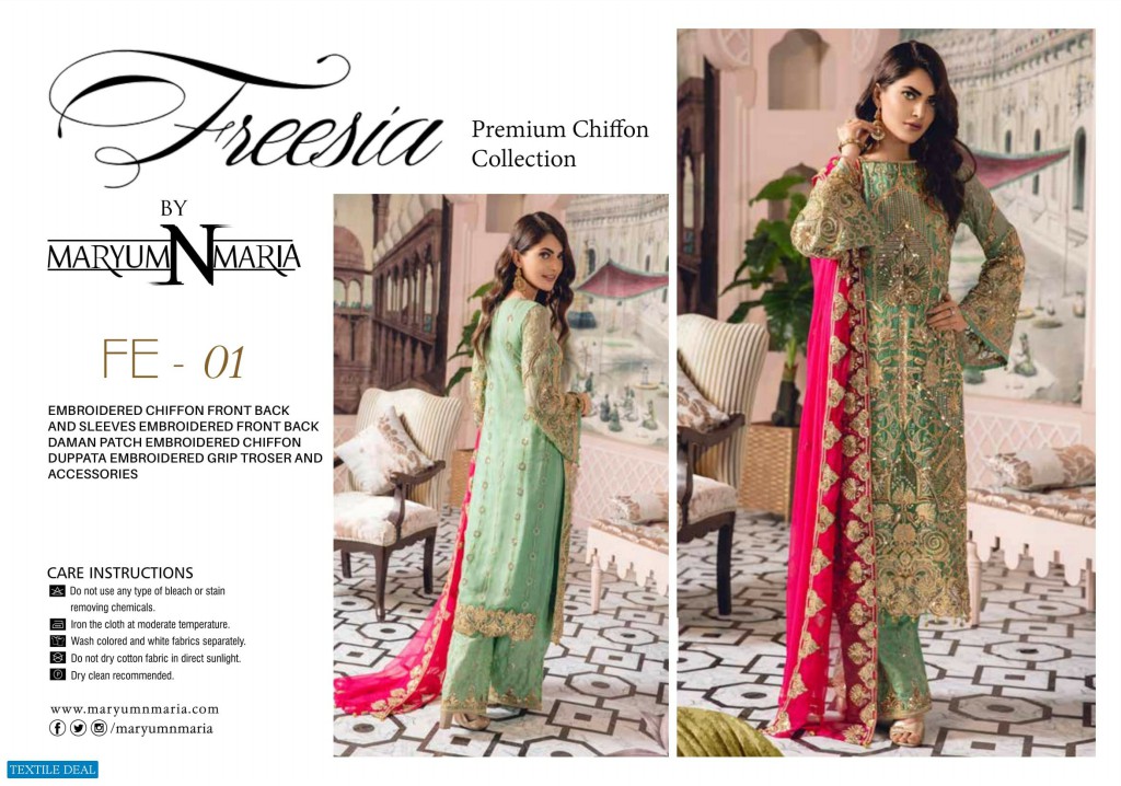Maryum n maria Freesia Premium Chiffon Collection Wholesaler Pakistani Salwar Suits