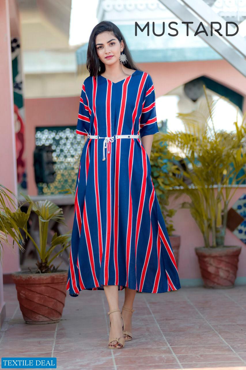 Mustard Stripes Discharge Wholesale Full Stitch Kurtis