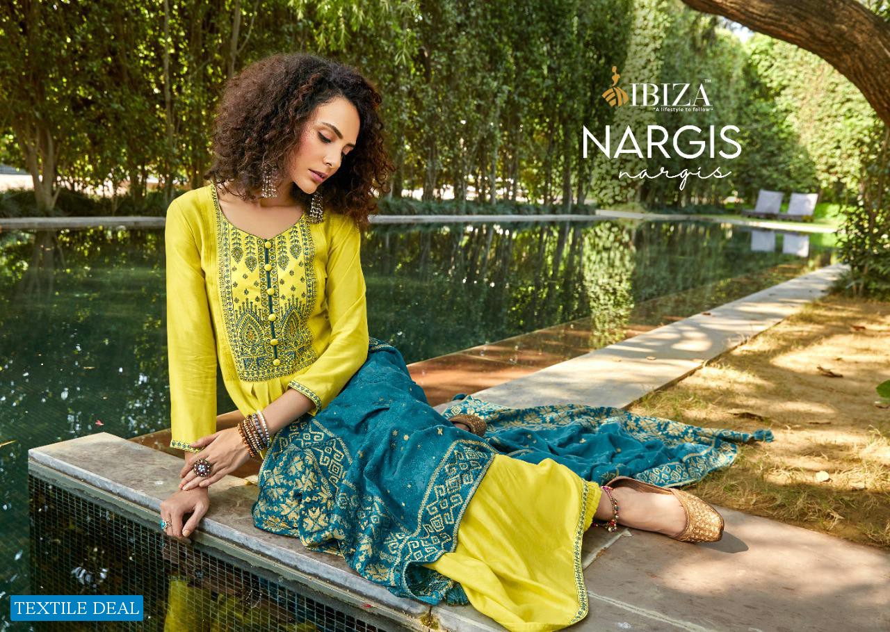 NARGIS BY IBIZA PURE SILK WITH FANCY EMBROIDERY HEAVY STYLISH DRESS MATERIALS IN INDIA