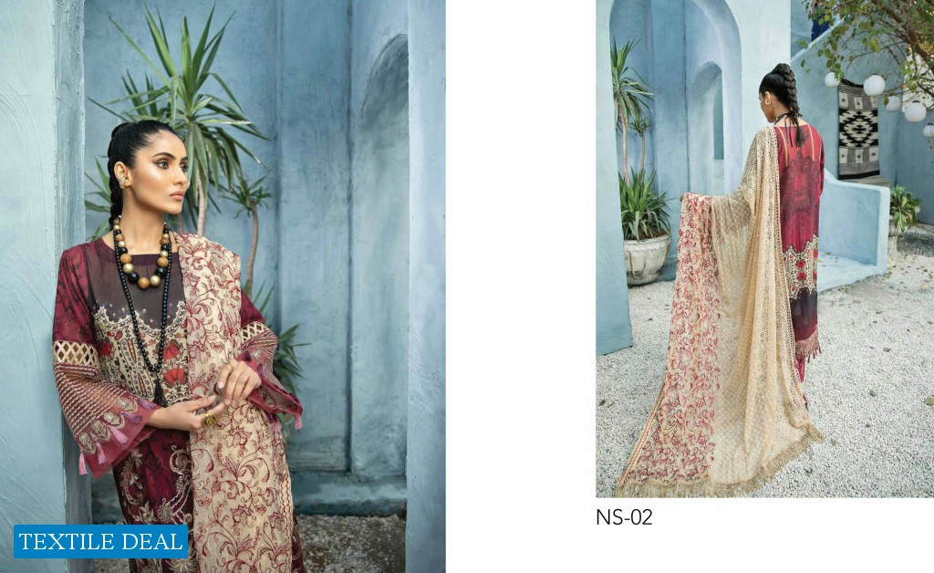 Nureh Swiss Lawn Unstitched Embroidered Chiffon Dupatta Pakistani Dress