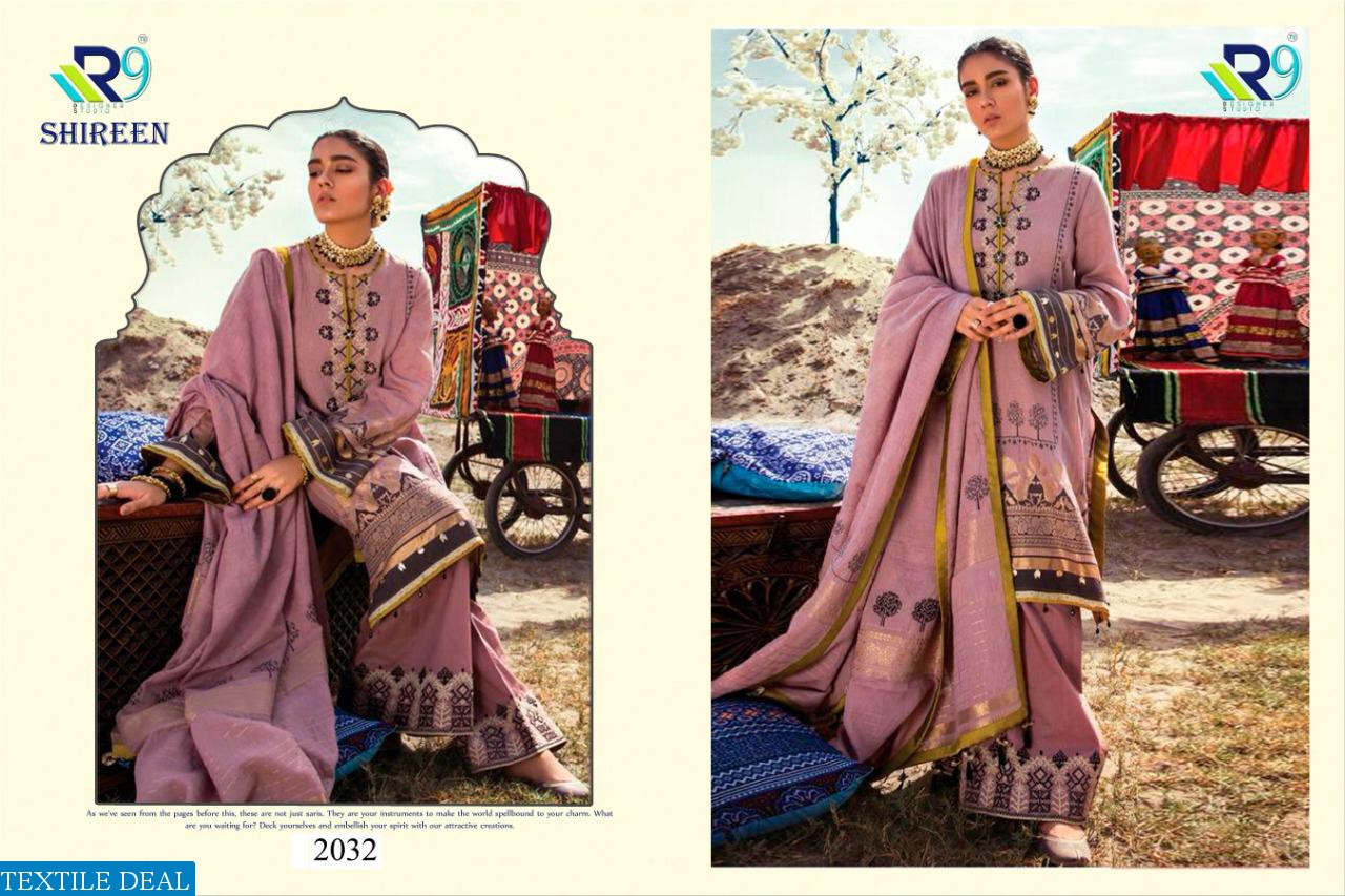 R9 BRAND SHIREEN SATIN COTTON EMBROIDERY WORK SUIT TRADER IN SURAT