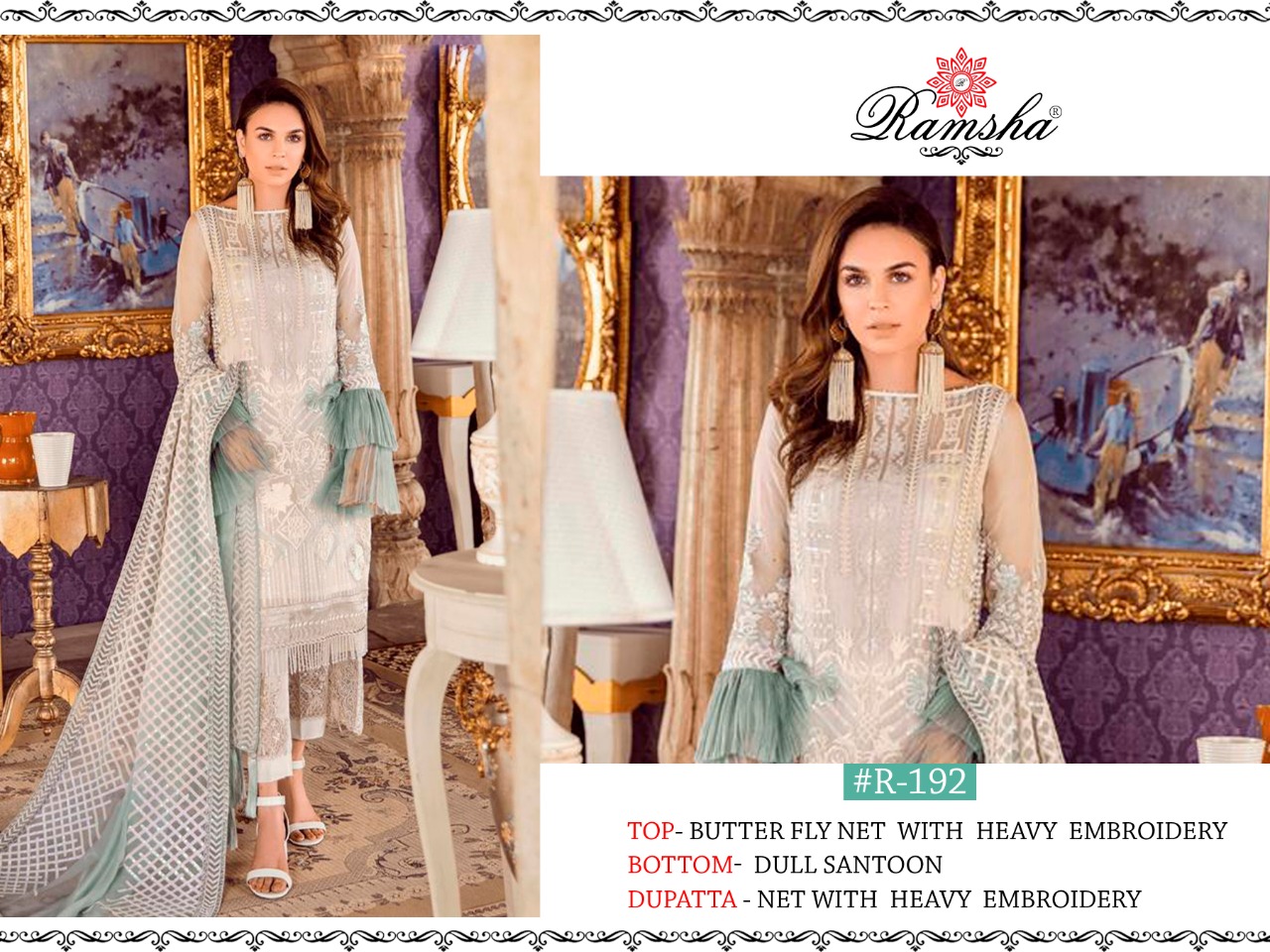 RAMSHA R 192 TO R 196 SERIES GEORGETTE NET PAKISTANI SUITS WHOLESALER