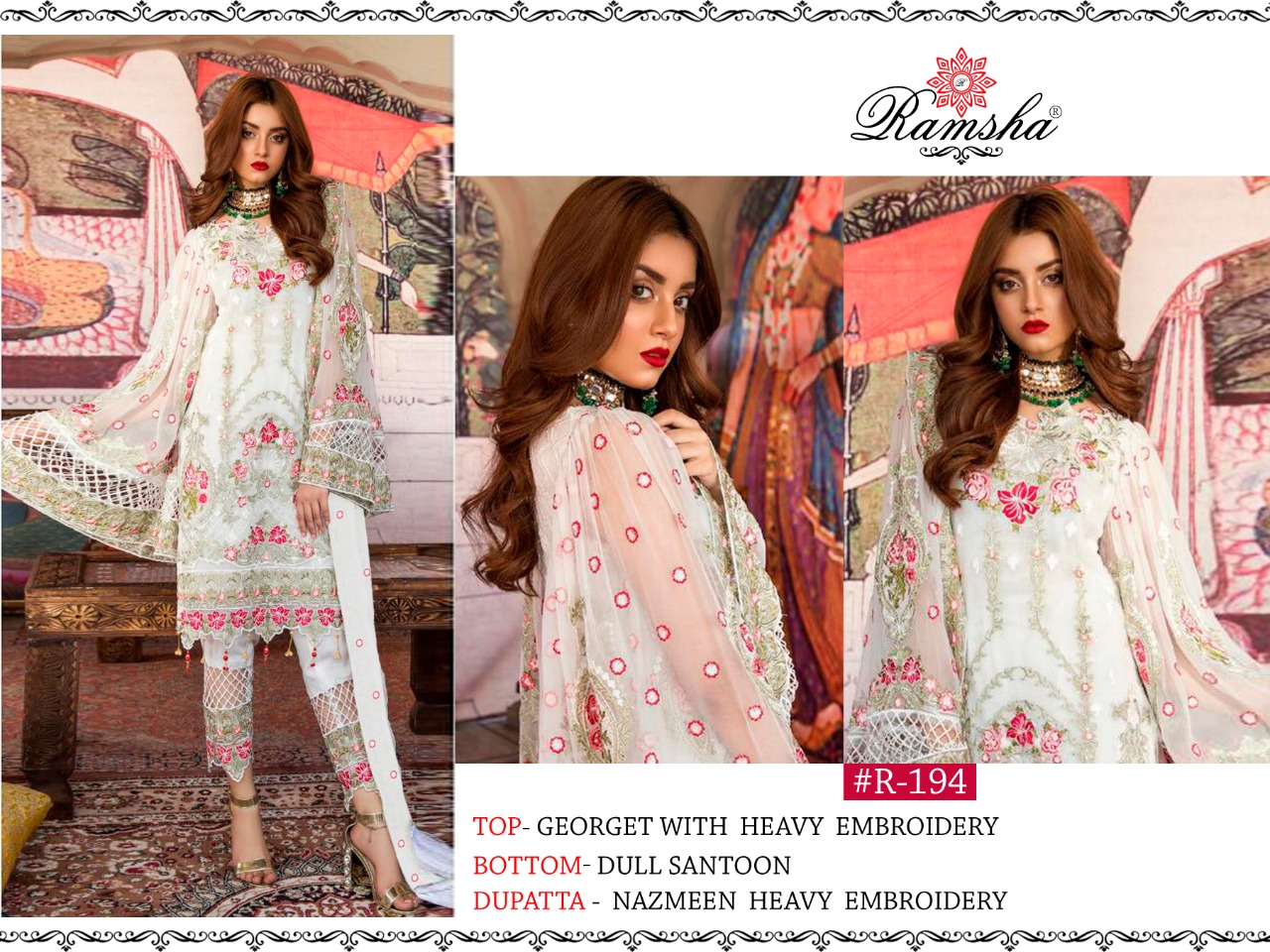 RAMSHA R 192 TO R 196 SERIES GEORGETTE NET PAKISTANI SUITS WHOLESALER