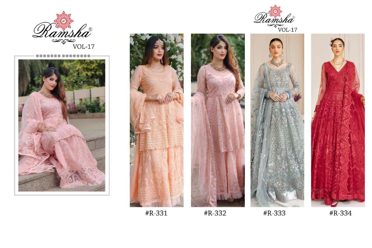 RAMSHA VOL 17 SERIES 331-334 NET WITH EMBROIDERY PAKISTANI SUITS