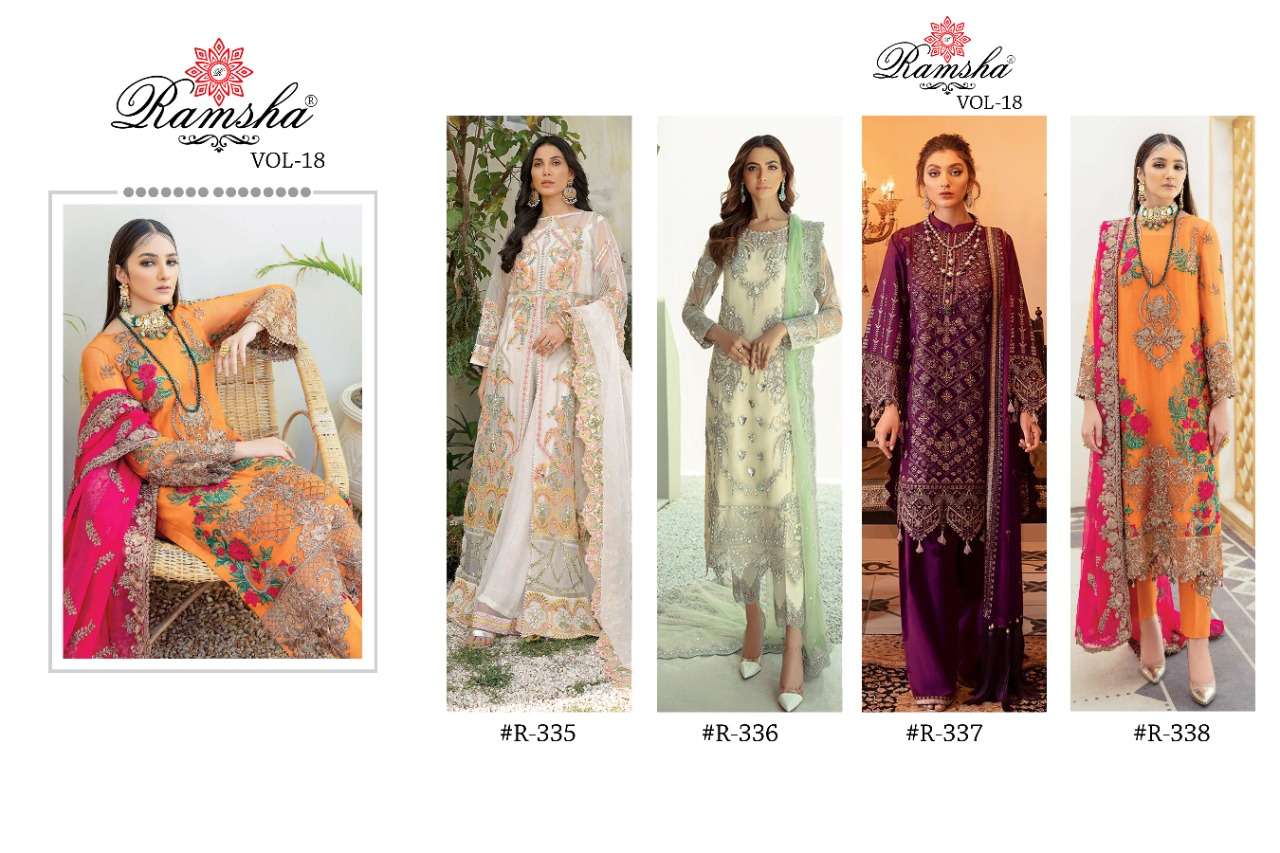 RAMSHA VOL 18 SERIES 335-338 EMBROIDERY GEORGETTE PAKISTANI DRESSES