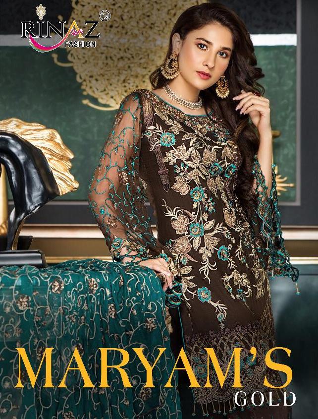 RINAZ FASHION MARYAMS GOLD GEORGETTE PAKISTANI STYLE EMBROIDERED SUITS