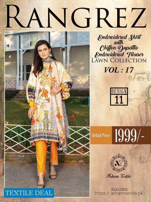 Rangrez Embroidered Shirt With Chiffon Dupatta Embroidered Trouser Lawn Dupatta Collection vol-17