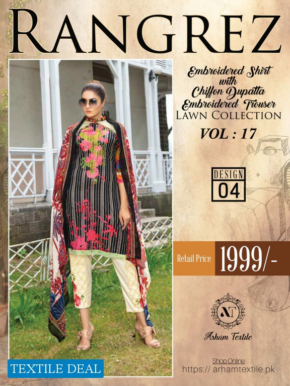 Rangrez Embroidered Shirt With Chiffon Dupatta Embroidered Trouser Lawn Dupatta Collection vol-17