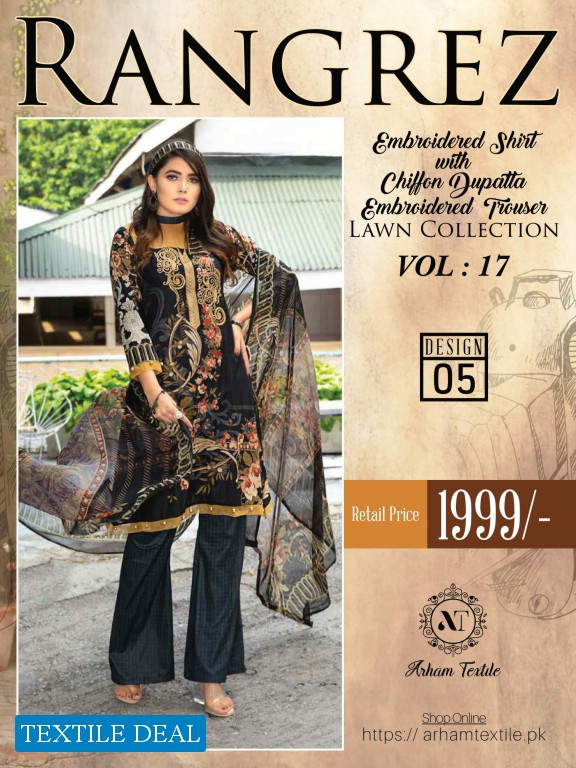 Rangrez Embroidered Shirt With Chiffon Dupatta Embroidered Trouser Lawn Dupatta Collection vol-17