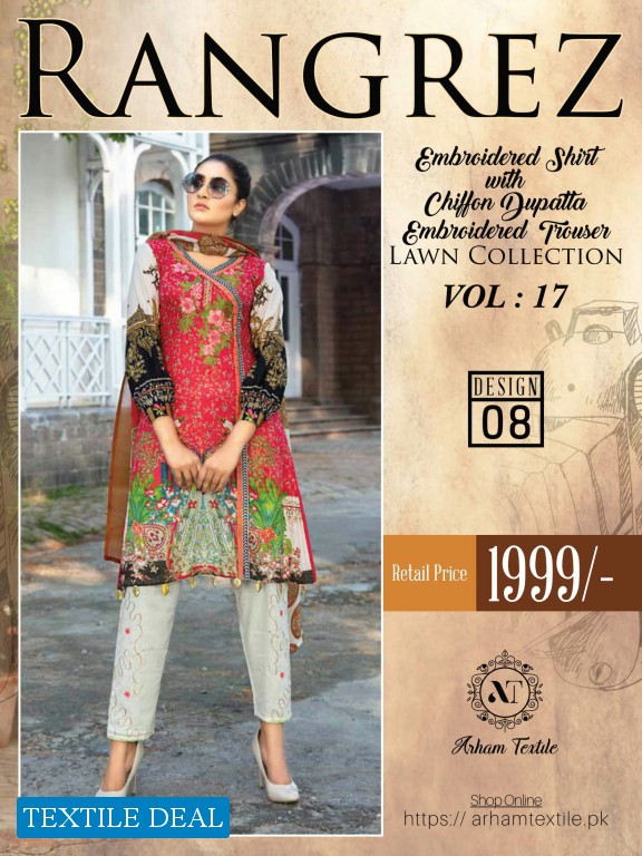 Rangrez Embroidered Shirt With Chiffon Dupatta Embroidered Trouser Lawn Dupatta Collection vol-17