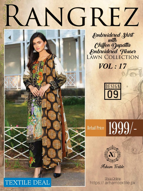 Rangrez Embroidered Shirt With Chiffon Dupatta Embroidered Trouser Lawn Dupatta Collection vol-17