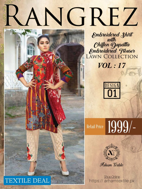 Rangrez Embroidered Shirt With Chiffon Dupatta Embroidered Trouser Lawn Dupatta Collection vol-17