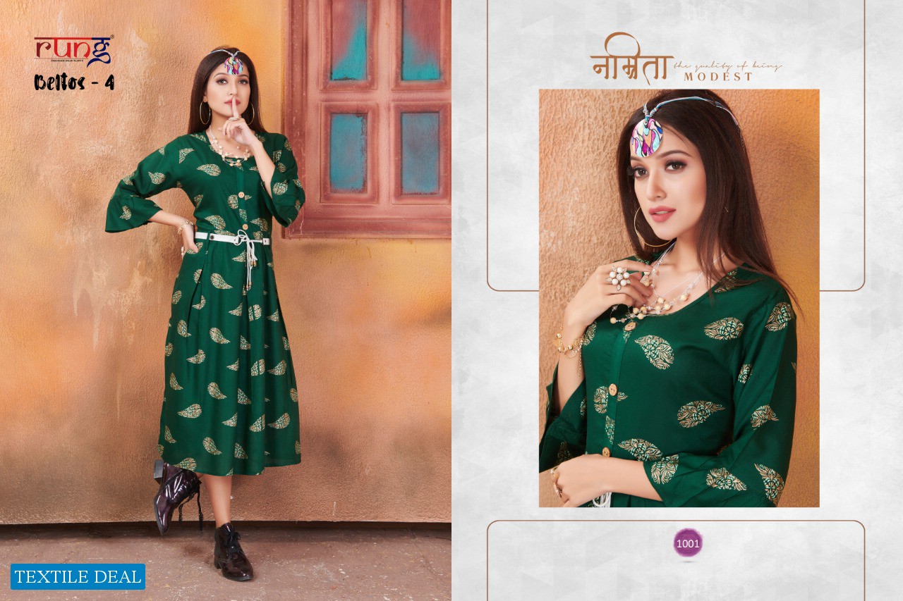 Rung Beltos Vol-4 Wholesale Full Stitched Kurti With Belts