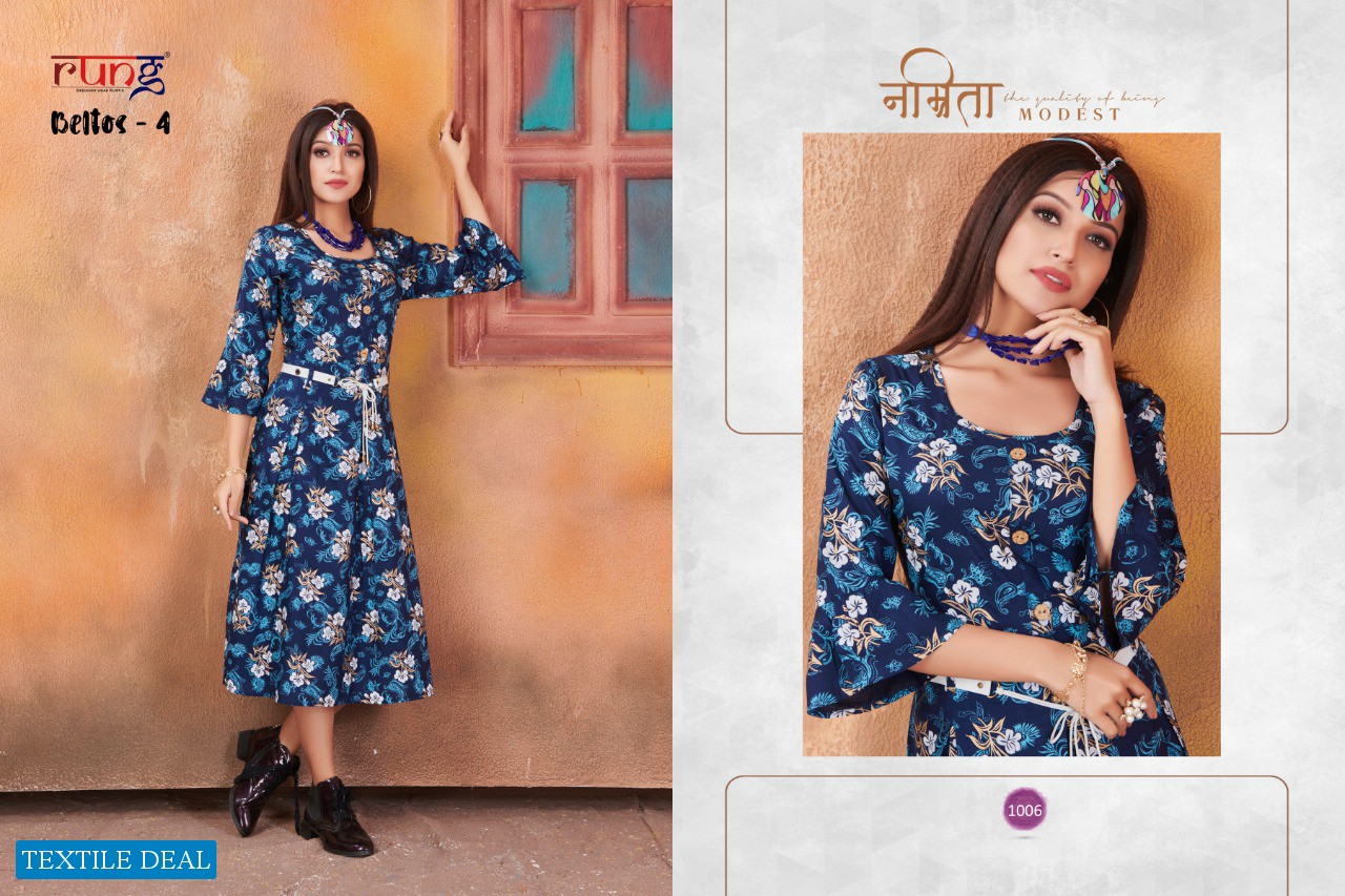 Rung Beltos Vol-4 Wholesale Full Stitched Kurti With Belts