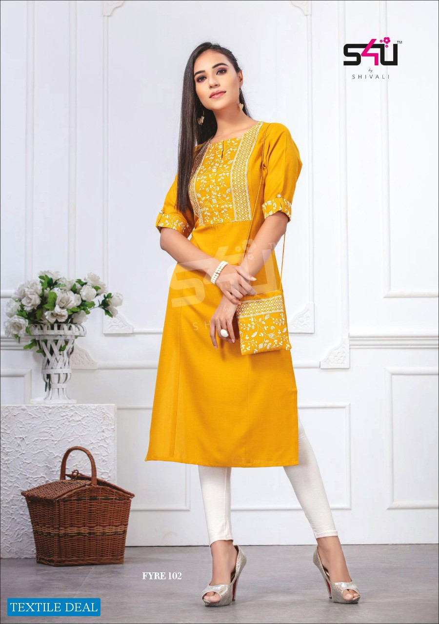 S4U BY SHIVALI PRESENT FYRE VOL 1 FANCY SUPER COMFORTABLE KURTI WITH MATCHING BAG WHOLESALER