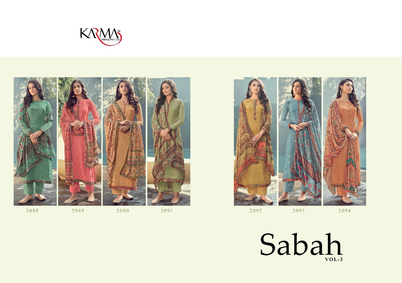 SABAH VOL 3 BY KARMA 2088-2094 SERIES MUSLIN EMBROIDERY SUITS WHOLESALER