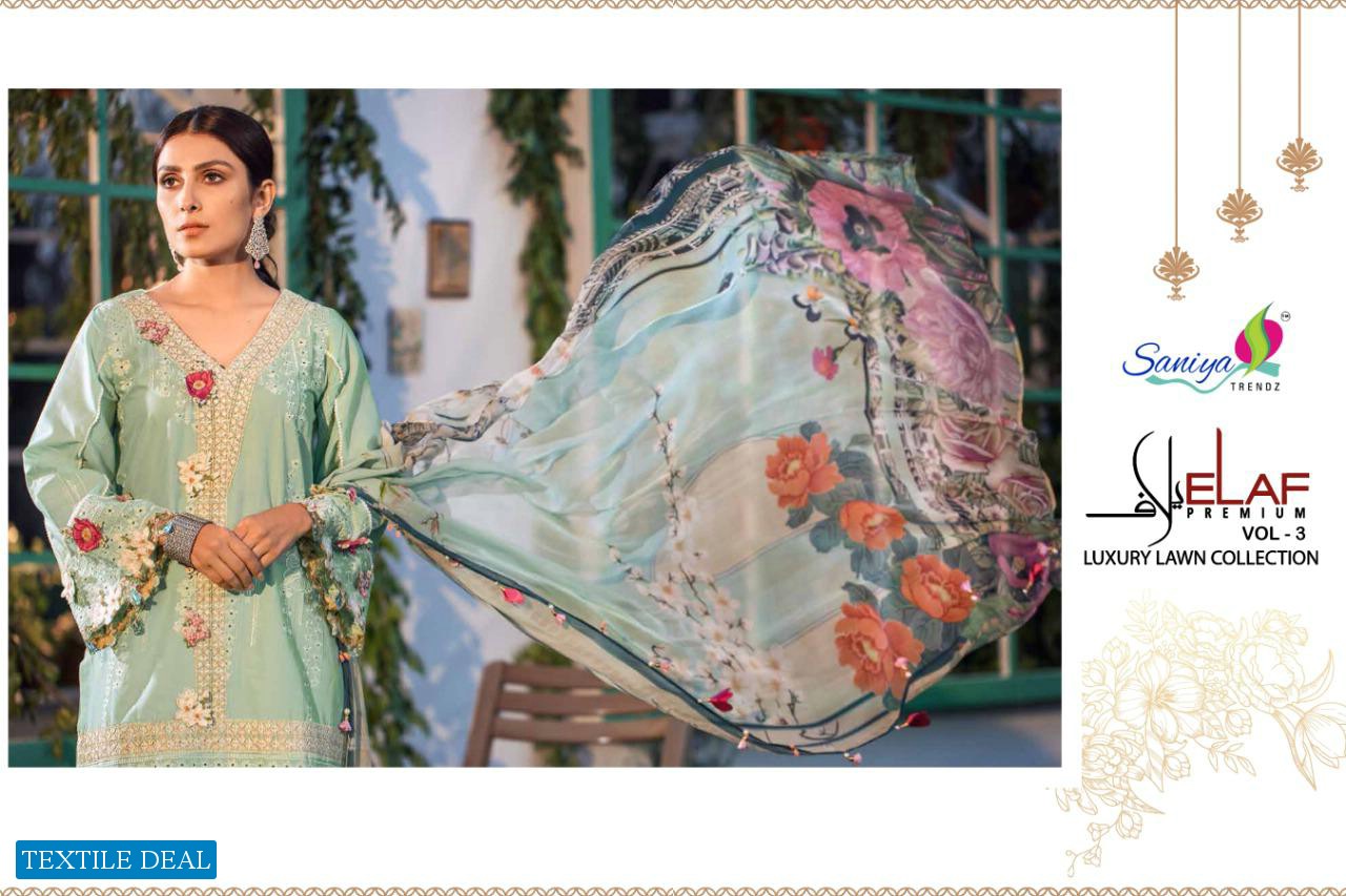 SANIYA TRENDZ ELAF VOL 3 PURE CAMBRIC COTTON WITH WORK EXCLUSIVE TRENDING SERIES PAKISTANI SUITS