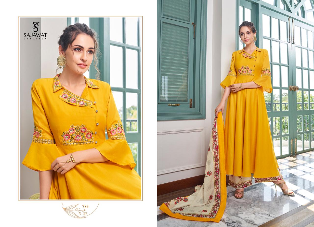 SARTHI VOL 10 OF SAJAWAT MASLIN EMBROIDERY READY MADE PLAZZO STYLE SALWAR KAMEEZ