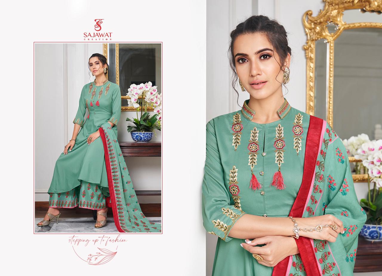 SARTHI VOL 10 OF SAJAWAT MASLIN EMBROIDERY READY MADE PLAZZO STYLE SALWAR KAMEEZ