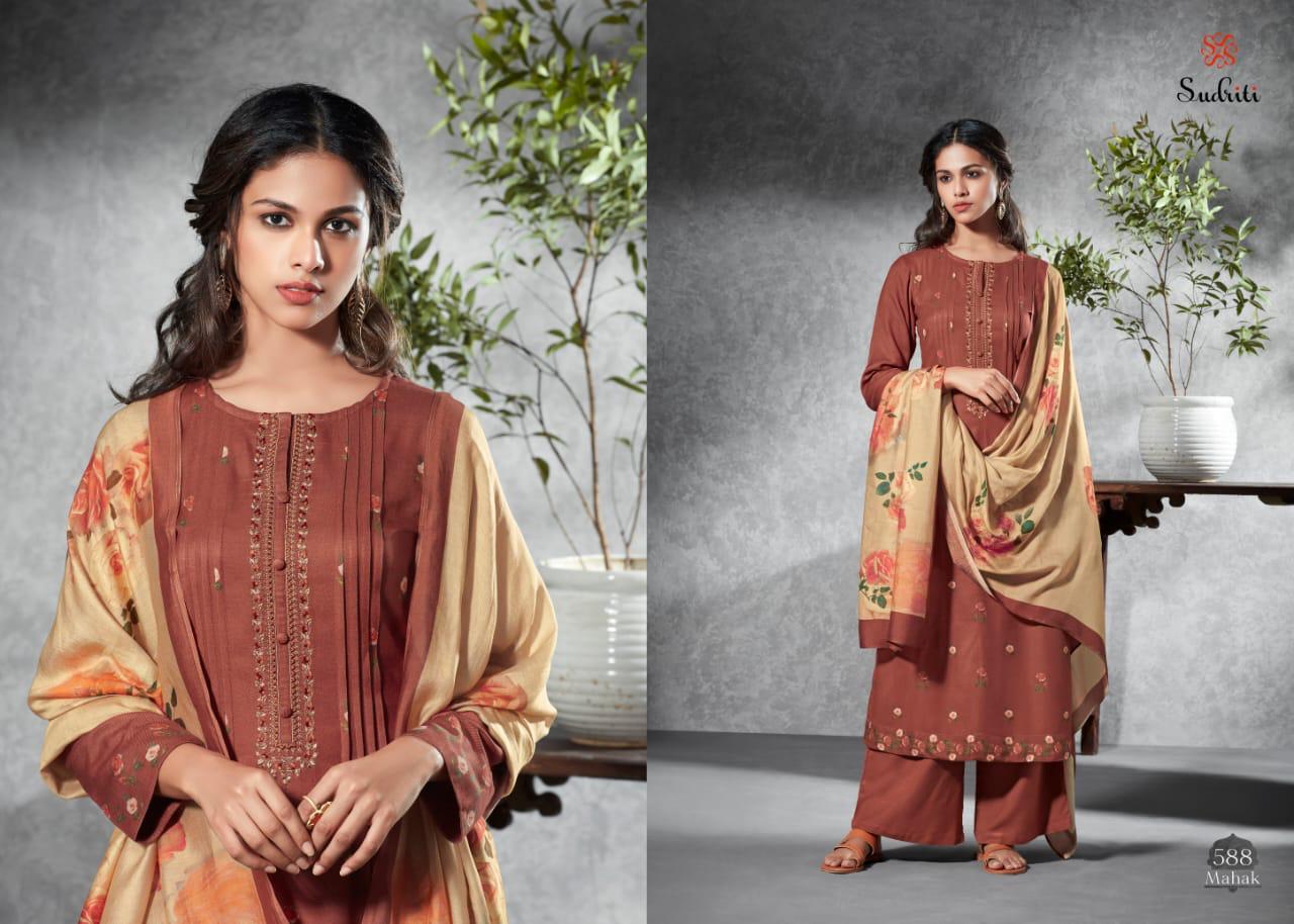 SUDRITI MAHAK COTTON SATIN DIGITAL PRINT WITH EMBROIDERY WORK DRESS MATERIALS IN SURAT TEXTILE MARKET