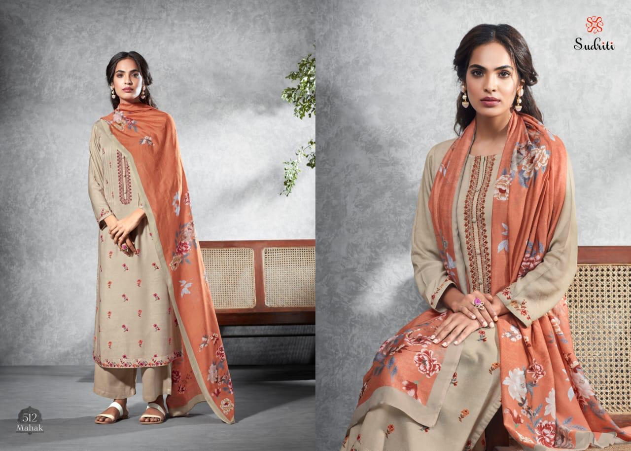 SUDRITI MAHAK COTTON SATIN DIGITAL PRINT WITH EMBROIDERY WORK DRESS MATERIALS IN SURAT TEXTILE MARKET