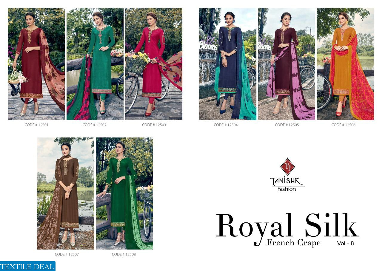TANISHK FASHION ROYAL SILK VOL 8 PURE FRENCH PRINT CRAPE WORK SALWAR SUIT COLLECTION