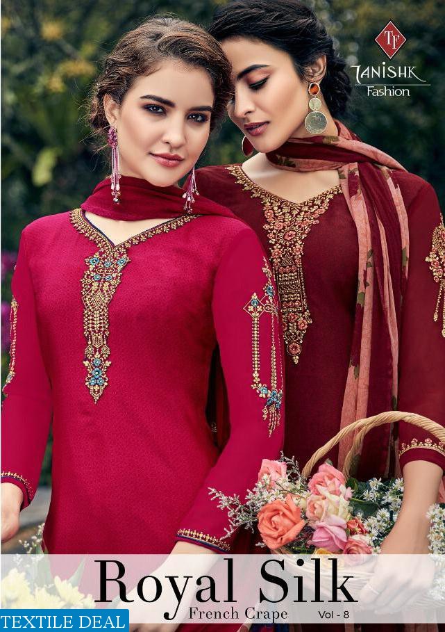 TANISHK FASHION ROYAL SILK VOL 8 PURE FRENCH PRINT CRAPE WORK SALWAR SUIT COLLECTION