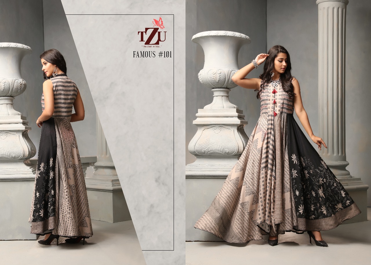 TZU PRESENT FAMOUS TUSSAR SILK MUSLIN PRINTED LONG GOWN WITH JACKET COLLECTION