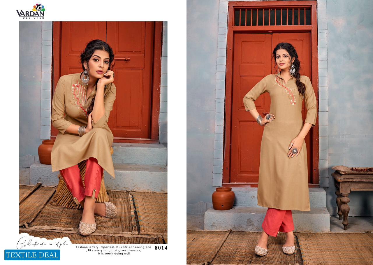 Vardan Jhumka Vol-1 Wholesale Reyon Fabrics With Embroidery Work Kurti With Pant