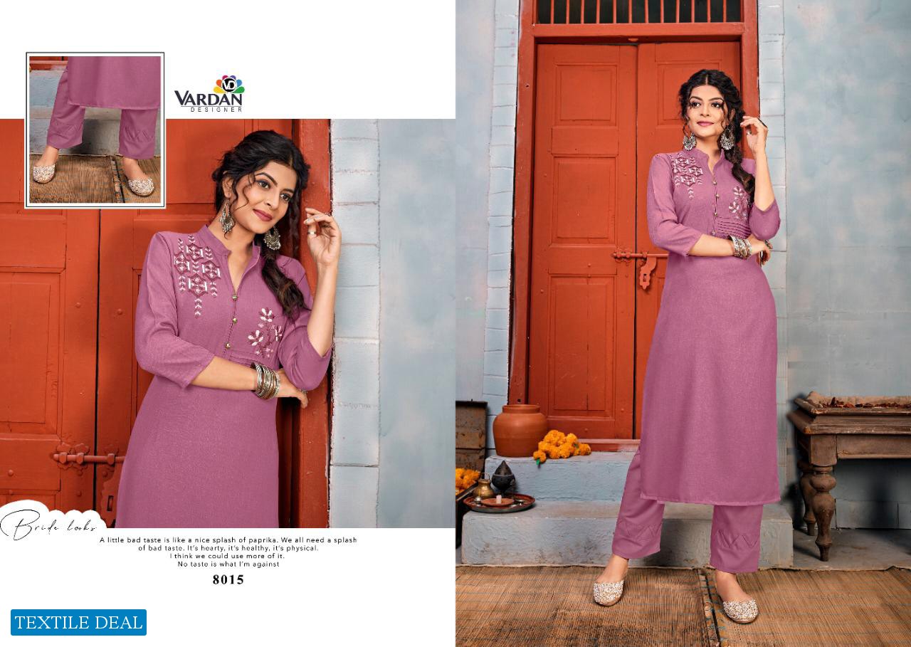 Vardan Jhumka Vol-1 Wholesale Reyon Fabrics With Embroidery Work Kurti With Pant